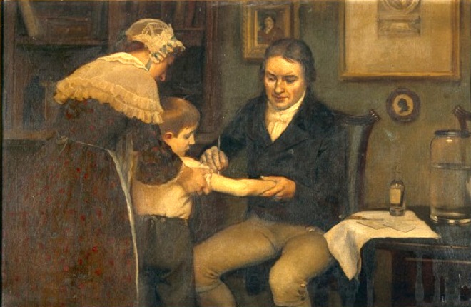 إدوارد جينر يقوم بتطعيمه الأول - رسم اللوحة إرنست بورد (بدايات القرن العشرين)